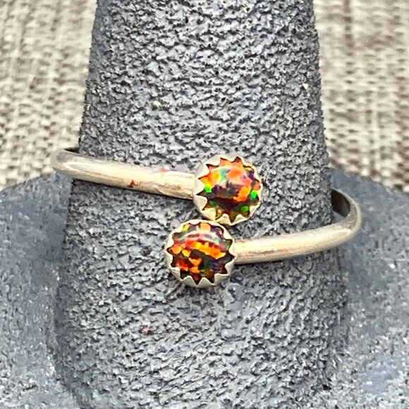 Vintage Natural Australian Fire Opal Ring in Sterling Silver  Sterling Silver Adjustable Ring Size 8 Double Fire Opal Gems Retro Vintage Glam